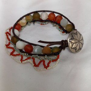 Woven Bracelet w/Agate, Amazonite, Jade, Bead Ruffling, Silver Button